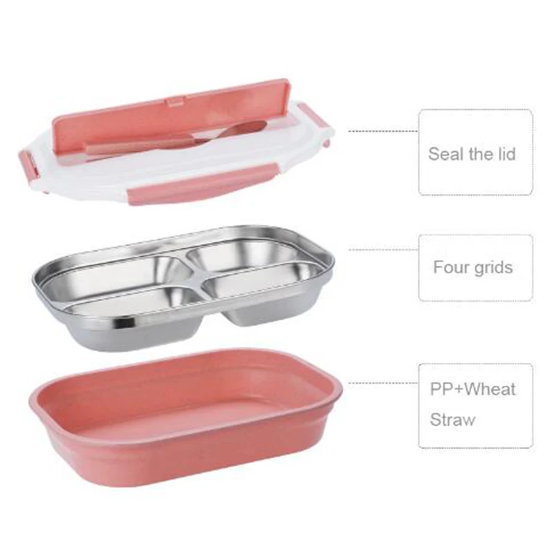 Baby Food Storage Straw Steel Lunch Box 4 Grid Children Feeding Training Container Dinnerware Set Eco-Friendly Food Lid BB5083 (4)