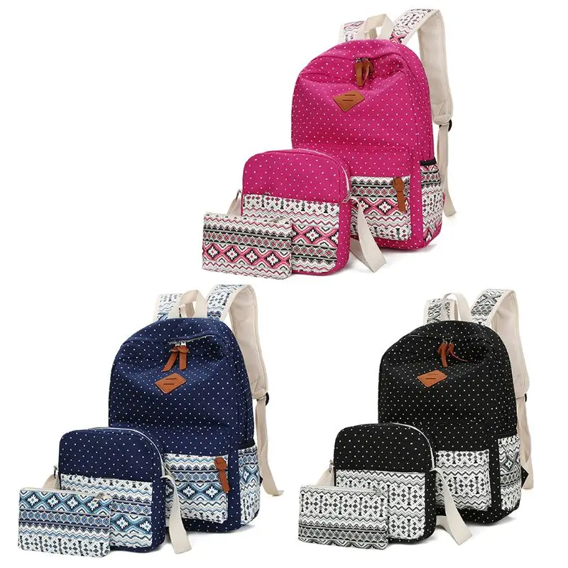 

3 pcs/set Polka Dot Printing Women Backpack Cute Lightweight Canvas Bookbags Middle High School Bags Rucksack for Teenage Girls
