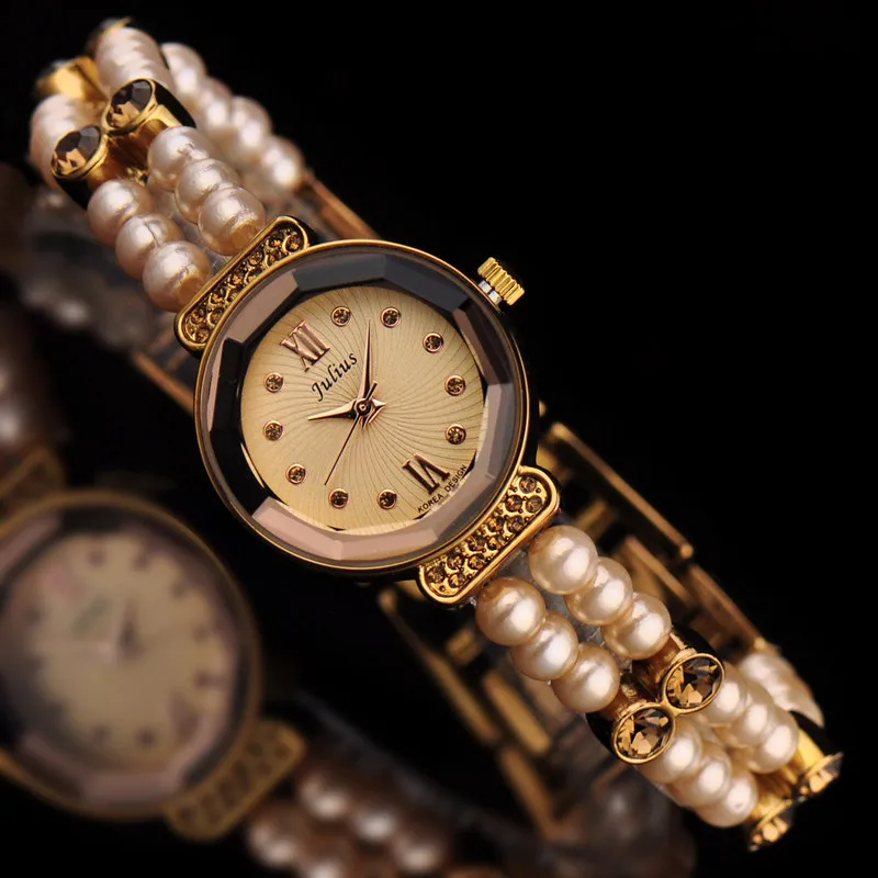 Маленькие женские часы Julius, японские кварцевые часы, модные часы, браслет с искусственным жемчугом, эластичная веревка, стразы, Подарочная коробка для девочек - Цвет: Коричневый