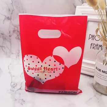 

15x20cm Red Double Heart Plastic Gift Bags With Handles 100pcs Plastic Packaging For Mini Jewelry Gift Handle Shopping Pouches