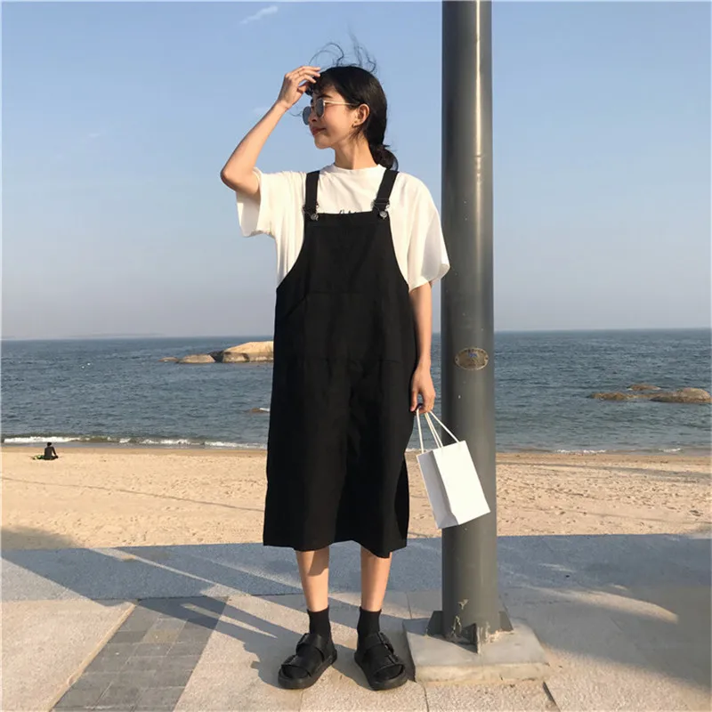 

Girls Tea Dress 2019 Summer Japanese Harajuku Women Pockets Denim Strap Dress Sleeveless Loose Casual Dress Plus Size Tank Dress