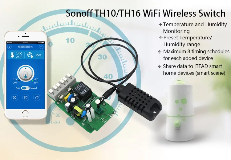 Интеллектуальный выключатель света Sonoff TH10/16 Температура и контроль влажности Интеллектуальный переключатель Wi-Fi в режиме реального времени Дисплей 10/16A IOS Android дистанционного Управление ВКЛ/ВЫКЛ