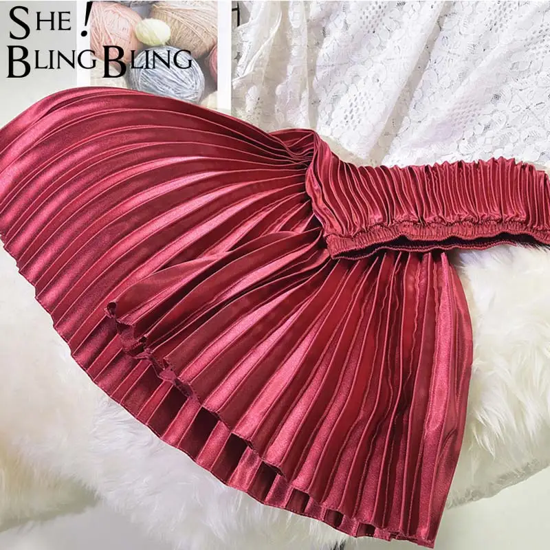 

Sheblingbling Multicolor Metallic Spring Autumn Women Fashion Pleated Skirt Elastic High Waist Swing Female Casual Maxi Skirts