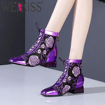 

WETKISS Leather Ankle Boots Women Square Toe Zip Footwerar Mesh Appliques Shoes Female Elevator Thick Heels Shoes Woman Summer