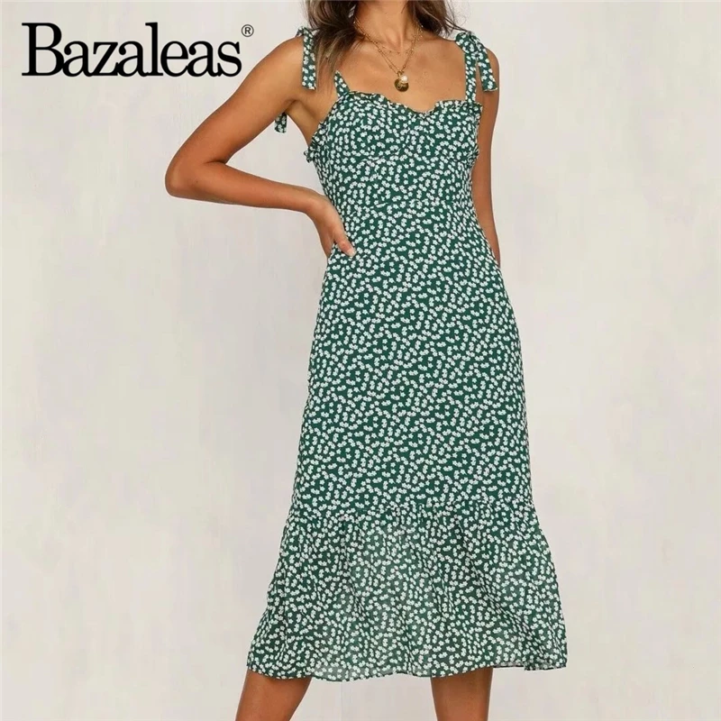 

Elastic Midi Dresses Vestido Casual Floral Green Fashion Summer Dress Ruffles Spaghetti Strap Bow women Dress