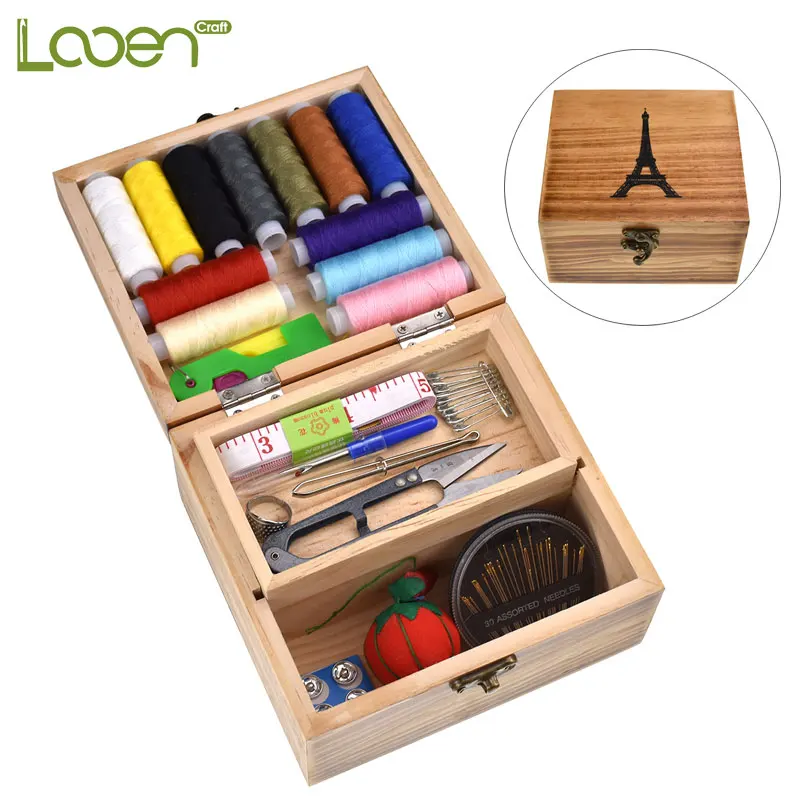 

Looen Multifunction Wood Household Box Sewing Kit DIY Needle Arts Craft Home & Travel Sewing Tools Threads Tape Scissors As Gift
