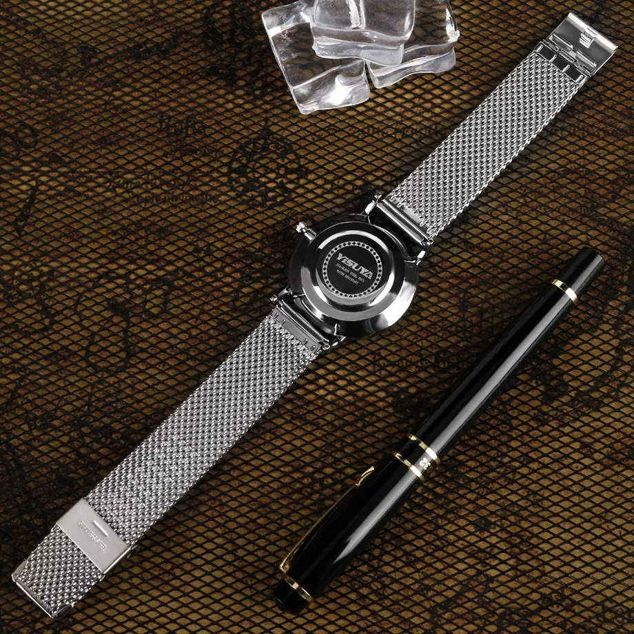 YISUYA Luxury Mens Watch Calendar Chronograph Stainless Steel Silver Mesh Iron Quartz-watches Men's Business Casual Wristwatch (15)