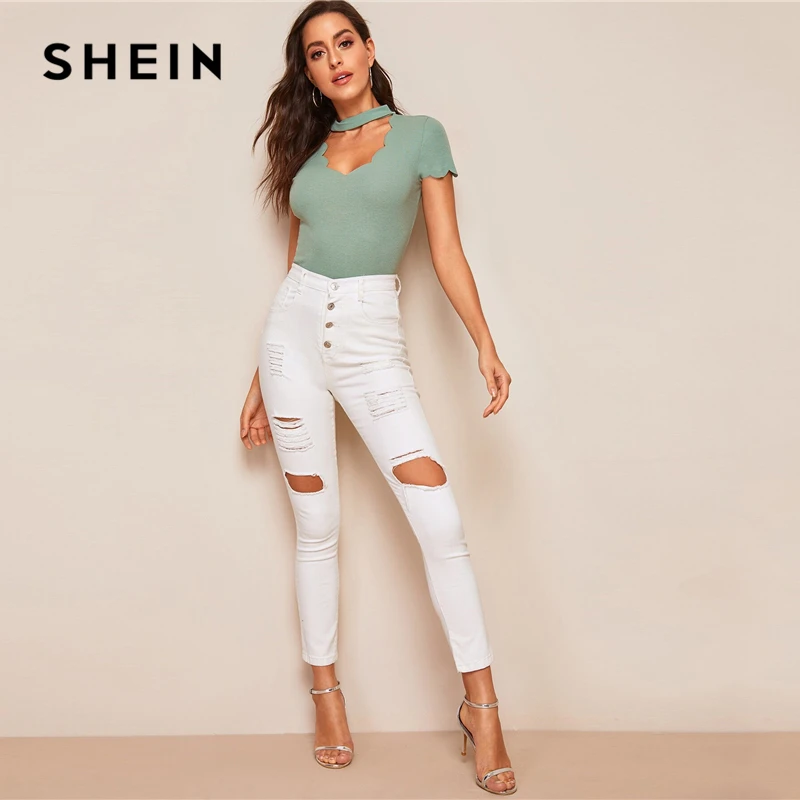 SHEIN Элегантная футболка с ложным вырезом вырезами и v образным однотонная Летняя