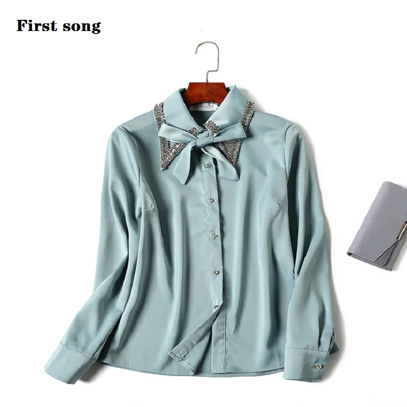 Billige Erste song perlen pailletten chiffon hemd 2019New frauen mode lange ärmeln herbst und winter high neck chiffon shirt frauen s