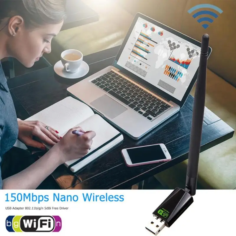 Беспроводной WiFi адаптер Dongle 150 Мбит/с Соединительная плата локальной компьютерной сети USB Wi-Fi приемник 2,4 ГГц с антенной 802.11b/g/n с CD-драйвером