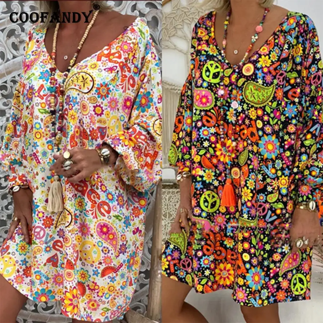 

Women Casual Floral Printed Loose Dress Large Size Fashion Dress Medium Waist Above Knee Length Autumn