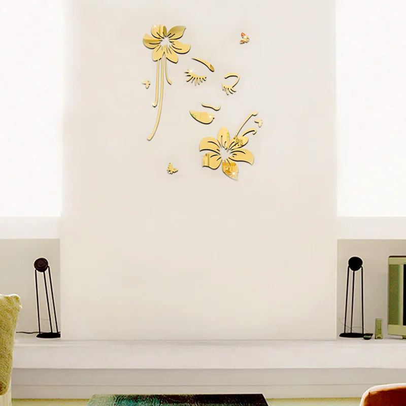 Romantic Europe Beauty Flowers DIY Mirror Wall Stickers 3D Acrylic Mirrored Decorative Sticker
