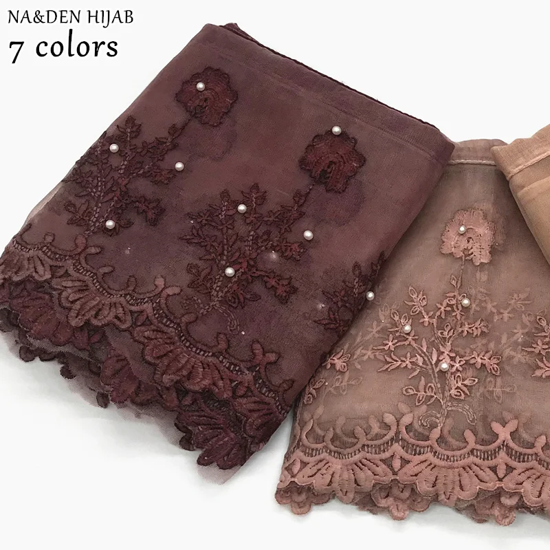 

NEW Hot sale lace hijab scarf pearl embroidery flower scarves and shawl soft women fashion muslim scarfs islamic hijabs 10pcs