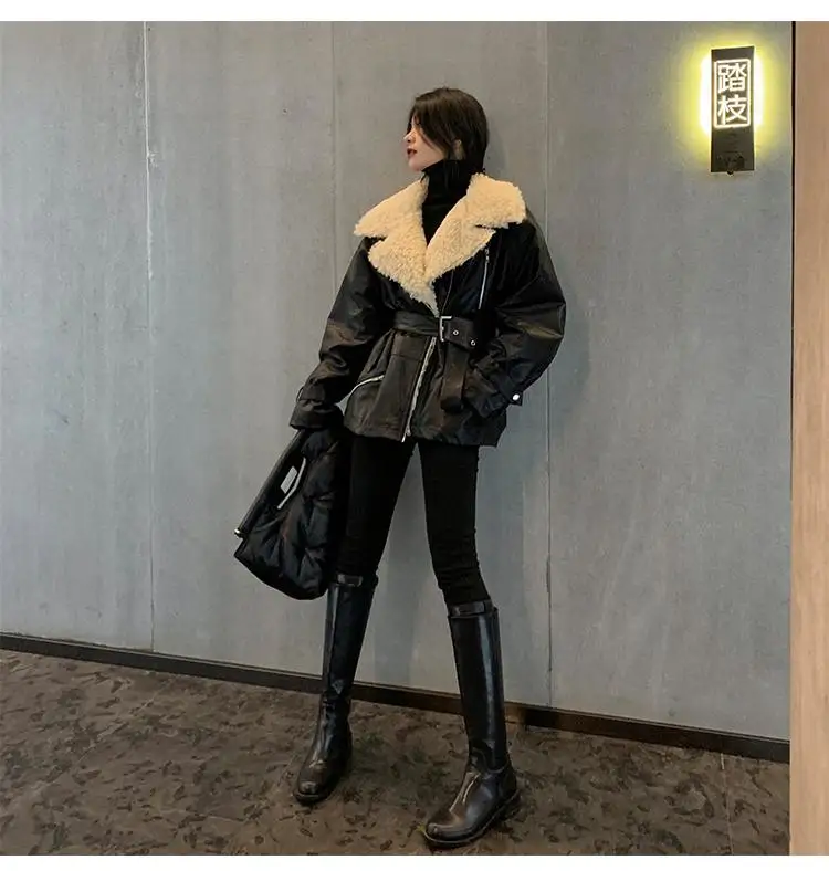 Женское осенне-зимнее пальто из искусственной овечьей шерсти, Толстая теплая овчина, овчина, искусственная кожа, мотоциклетная кожаная куртка, верхняя одежда на молнии V638