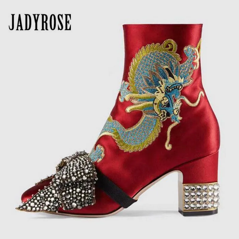 

Jady Rose Red Dragon Embroidery Ankle Boots for Women Rhinestone Decor High Heel Botas Mujer Autumn Satin Bowtie High Boots