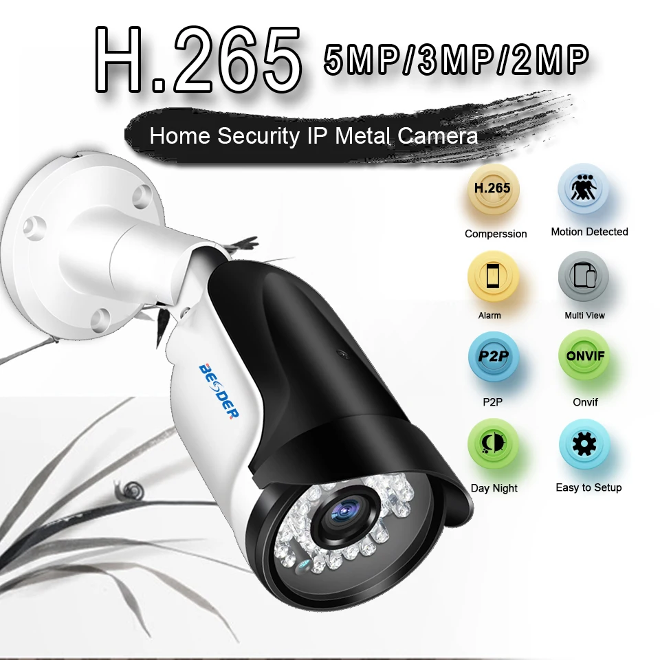 BESDER H.265 IP камера наблюдения 5MP 3MP 2MP Обнаружение движения ONVIF RTSP Bullet наружная CCTV s 36