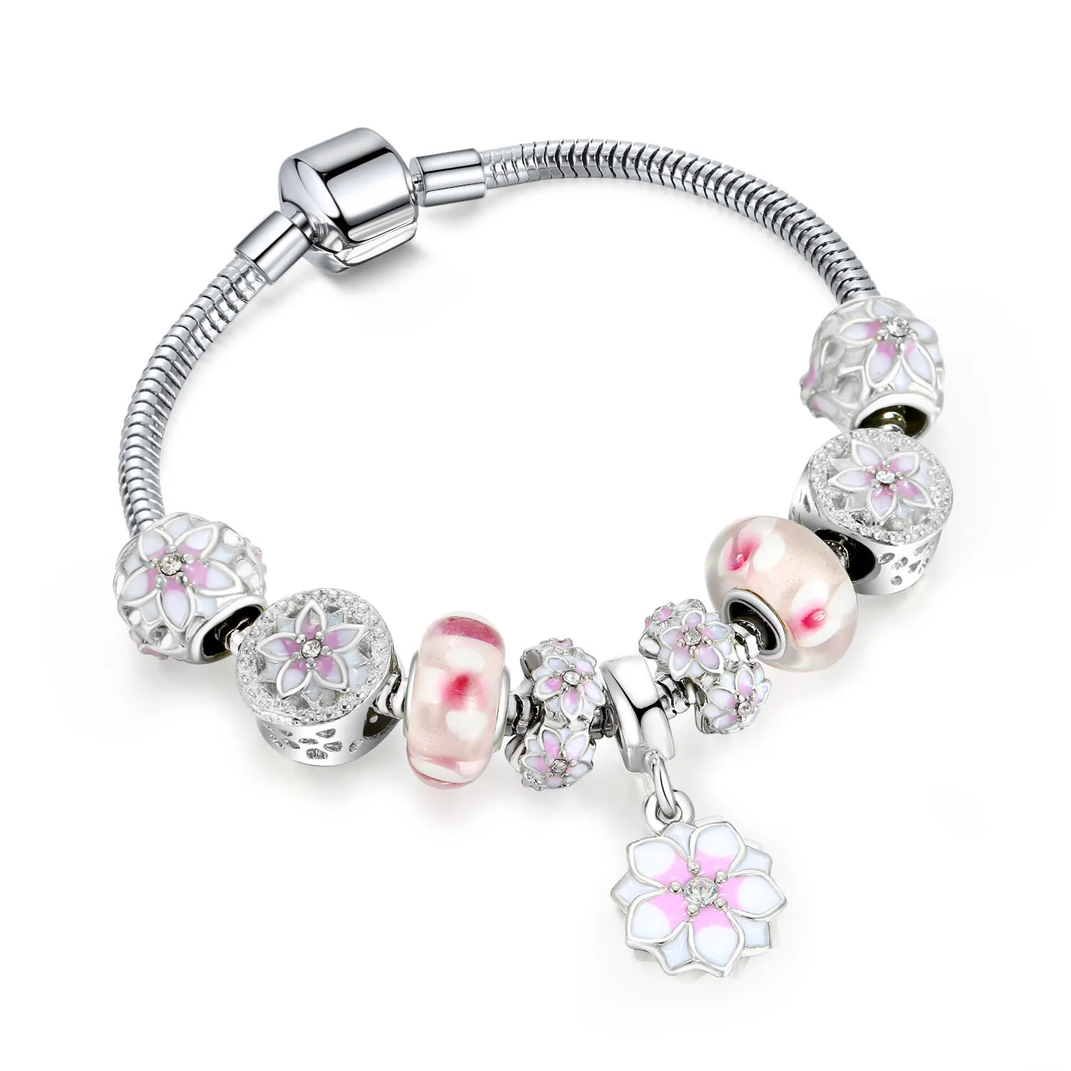 Antique Silver Charm pandora Bracelets for women Crystal glass flowers