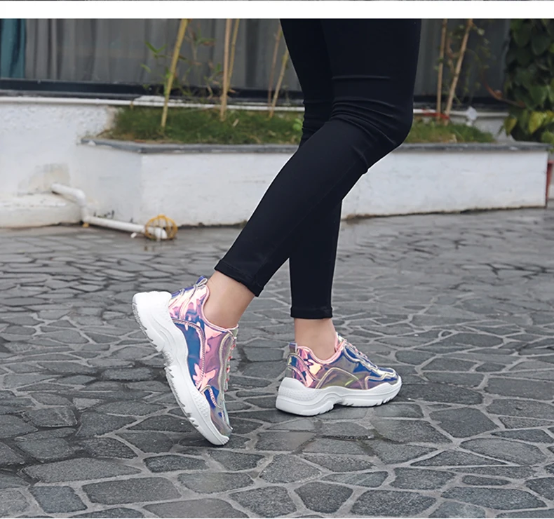 Женские Светоотражающие туфли серебристого цвета; женские спортивные ботинки на толстой платформе с тройной радугой; tenis masculino; горячая распродажа; размеры 36-41