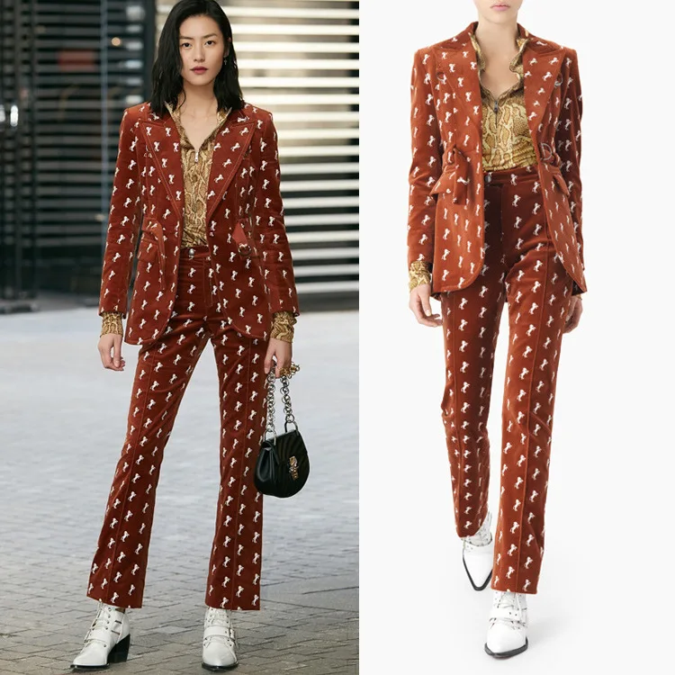 

Liu Wen and Song Jia's Same Junma Belt Suit with Straight Trousers and Silk Velvet OL Professional Suit 2019 2piece Set Women
