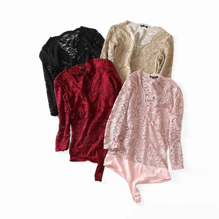 النساء السيدات Clubwear الخامس الرقبة Playsuit Bodycon Bodysuit طويلة الأكمام الدانتيل شفاف بودسوت/ بدلة الجسم المصنوعة من الدانتيل الربيع الصيف وزرة السرو...