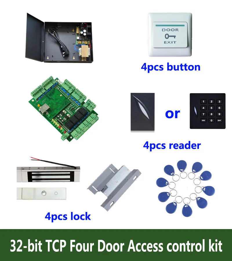 

Access Control Kit,TCP Four Door Access Control+Powercase+180kg Magnetic Lock+ZL-Bracket +ID Reader+Button+10 ID Tag,Sn:Kit-T405