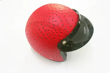 

Red helmet Leather motorcycle leather helmet retro vintage motocross helmet 3/4 open face scooter helmets XL fit women