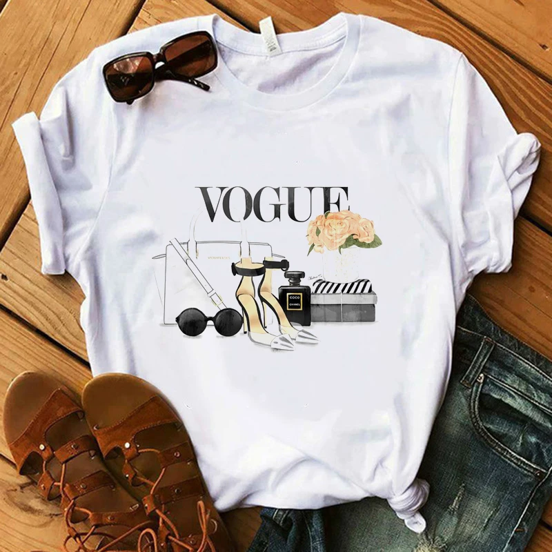 

Vogue T Shirt Women Make Up High Heel Lipstick Floral T-Shirt 100% Cotton Summer Shirt Lady Streetwear Luxury T-shirts