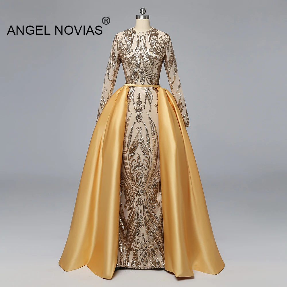 

Angel Novias Long Sleeves Muslim Gold Evening Dress 2019 Arabic Abendkleider Prom Party Gown 2019 with Detachable Skirt