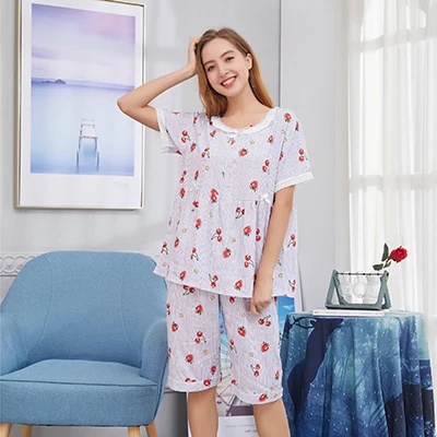 JULY'S SONG 2019 New Thin Printed Short Sleeve Knee Length Sleepwear ...