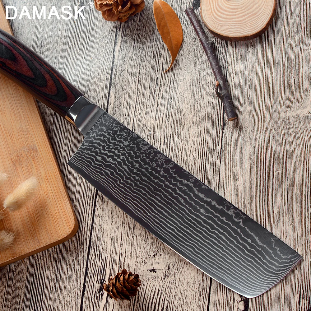 Дамасский рубящий нож DAMASK VG10 с узором красоты Дамасская сталь Nakiri японский кухонный нож повара 7 дюймов ультра острый кухонный топорик