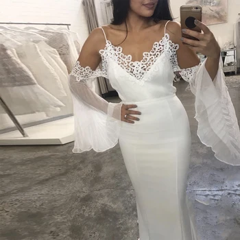 

Elegant White Long Sleeve Badnage Dress High Quality Women Fashoion Spaghetti Strap Midi Wedding Party Dress Vestidos Wholesale