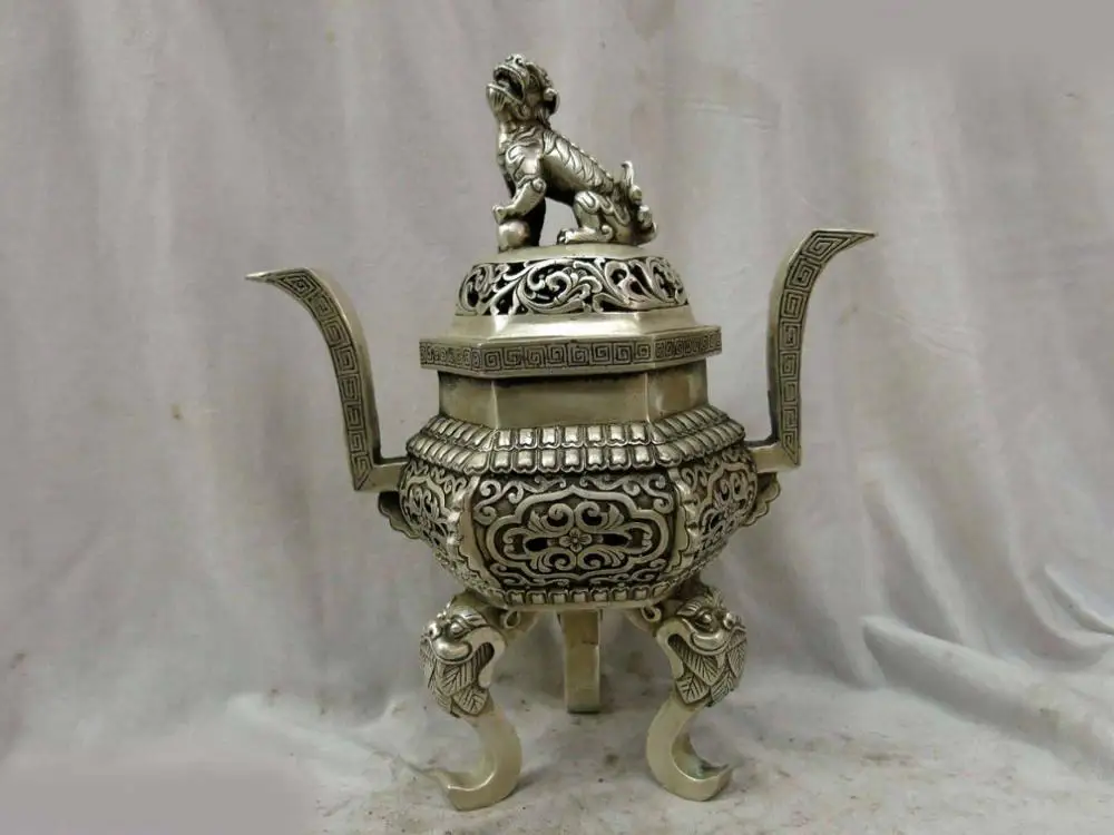 

12" China silver finely censer carved Foo Dogs Lion ball incense burner Statue (D0426)