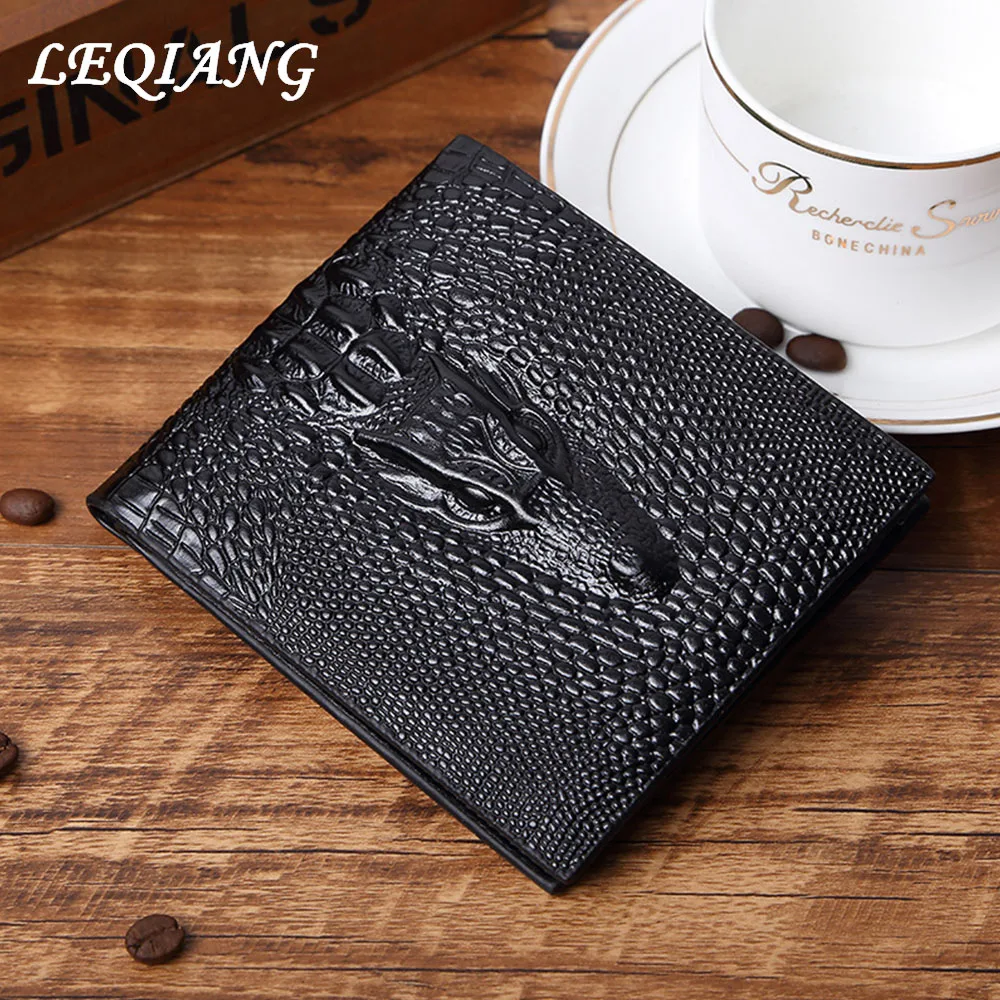 

New Men Leather Short Wallet Crocodile Purse Men Credit Card Holder Case Purse 5 Card Slot Wallet Business Bifold Brand