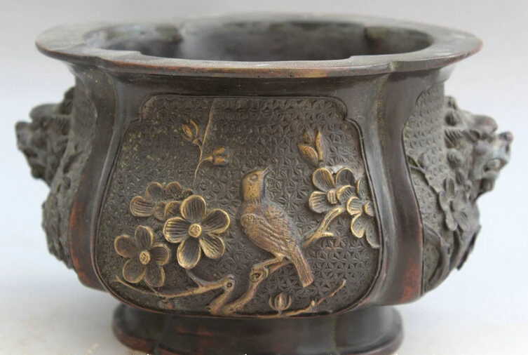 

Elegant old S1864 8" Old Marked Chinese Dynasty Bronze Lion Head Flower Bird Incense Burner Censer statue (A0322) A0403