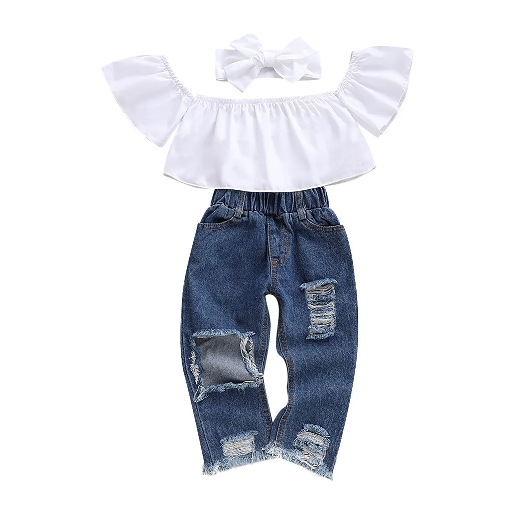 

2019 Newest Newborn Baby Girl Off Shoulder White T-Shirt Tops+Hole Denim Pants Toddler Clothes Outfits Set Bebek Giyim