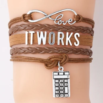 

(10Pcs/Lot) Infinity Love IT Works Bracelet Charm Calculator Leather Braided Wrap Rope Bracelet & Bangles Team Gift ForWomen Men