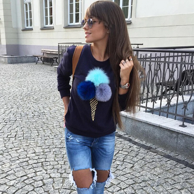 2016 Autumn Women Colorful ice cream t shirt Plush Ball Longsleeve O-neck Causal  shirt tops