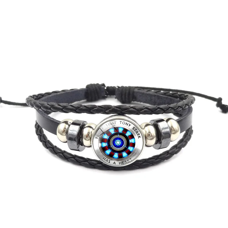 

Iron Man Arc Reactor Glass Buckle Charm Bracelet Proof That Tony Stark Has A Heart Multi-layer Black Leather Braided Bracelet