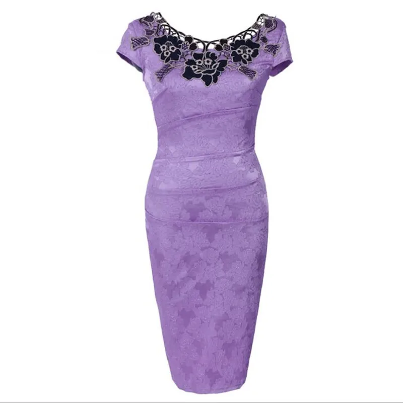 2019 New Womens embroidery Elegant Vintage Dobby fabric Hollow out embroidered Ruched Pencil Bodycon Evening Party Dress