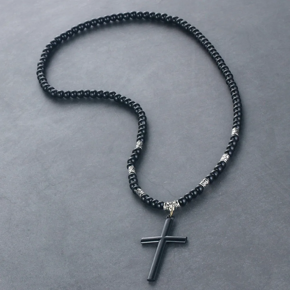 

Retro Cross Pendant Necklace Stone Beads Chain for Women Men's Gift Genuine Leather Adjustable Collar Cord Necklace Jewelry CN05