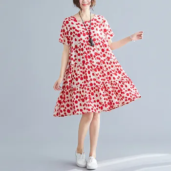 

Johnature Summer Leisure Cotton And Linen Dress 2020 New Dot Short Sleeve O-neck Simple Loose Comfortable Pleated Women Dress