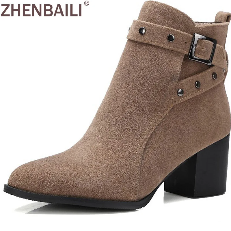 

ZHENBAILI Fashion Rivets Buckle Detail Pointed Toe Square Heel Ankle Boot Nubuck PU Short Plush Warm Autumn Winter Women Boots