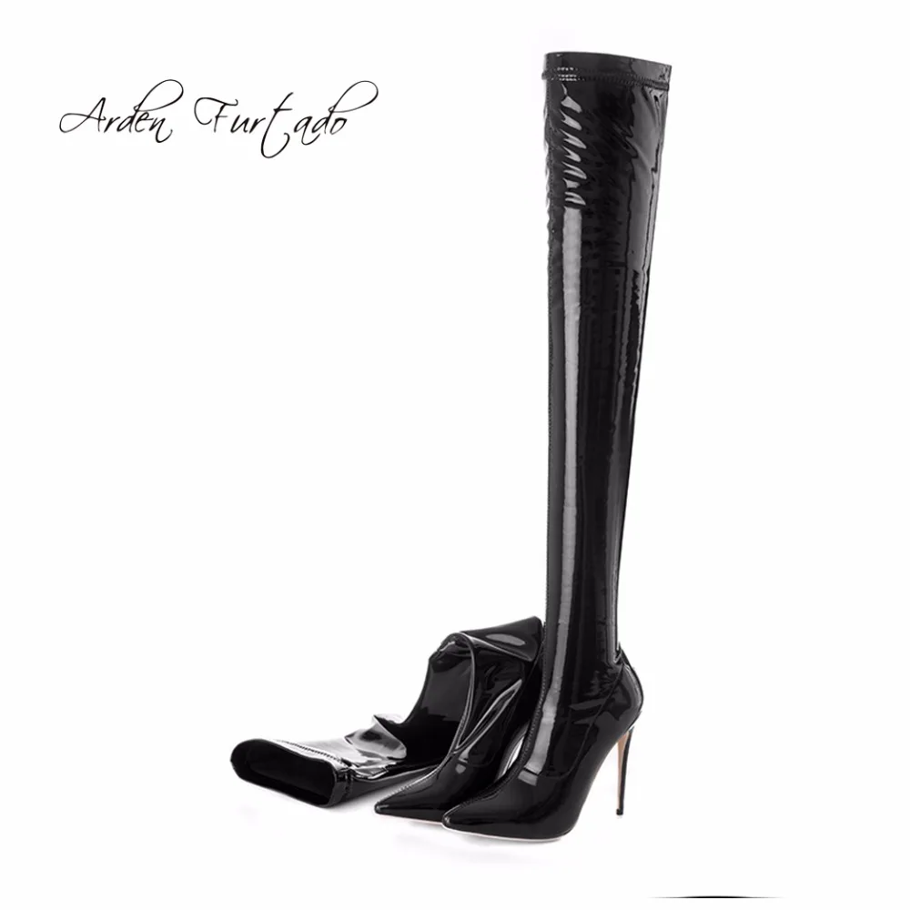 Модные кожаные сапоги на высоком каблуке 12 см с острым носком|stretch boots|knee bootsover knee