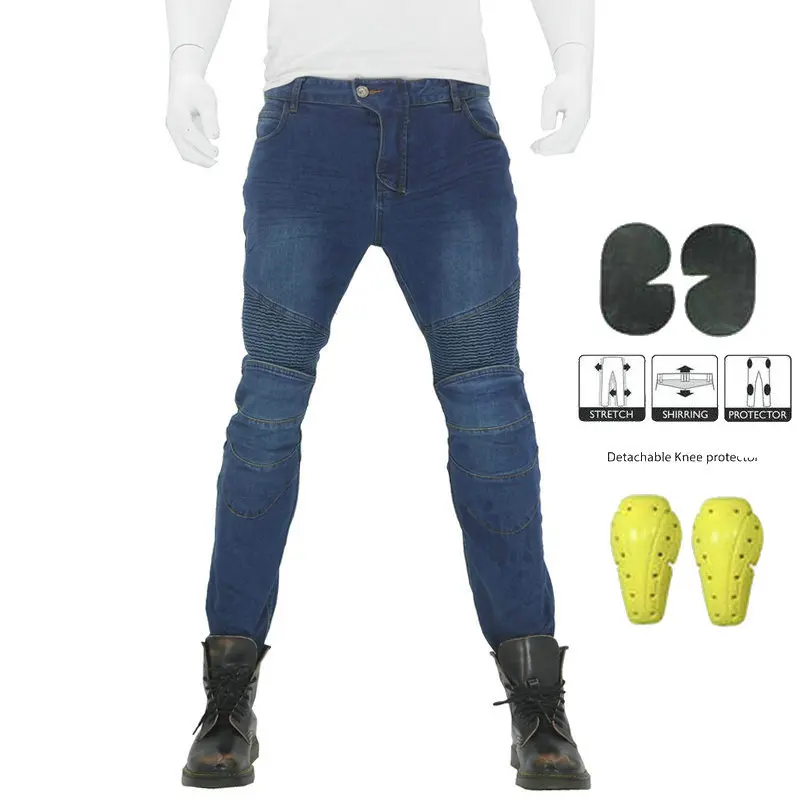 Мотоциклетные штаны для верховой езды, мотоциклетные джинсы для мужчин и женщин, штаны для мотокросса с 4 защитными наколенниками - Цвет: Синий