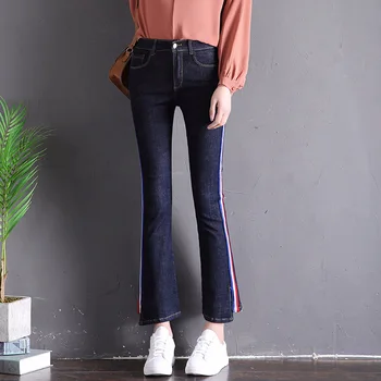 

Nonis 2018 New Arrival Side ribbons ankle length jeans Women elastic Slim Straight flare pant Female streetwear capri Plus size