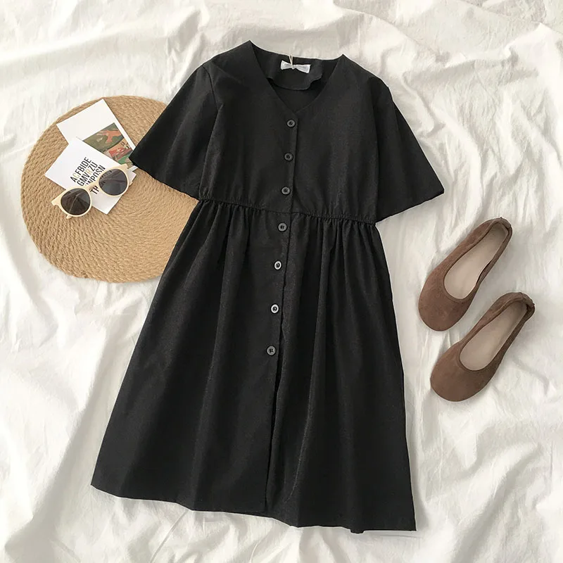 

women summer black dress mori girls Japanese Harajuku style short sleeve v neck black solid dress vestidos ropa mujer