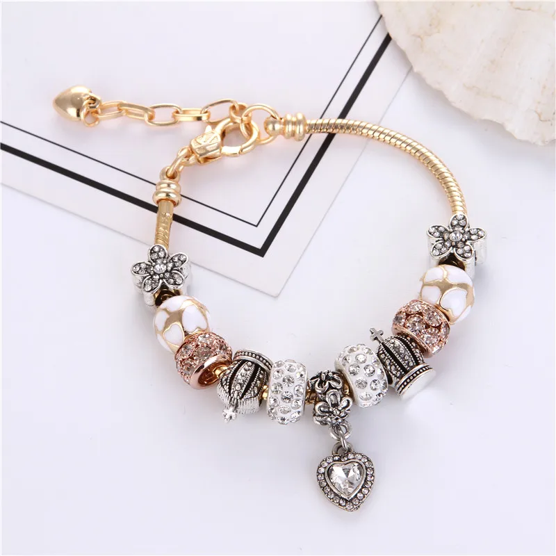 

High Quality Rose Golden Heart Pendant Rhinestone Flower Crown Charms Bracelet Pan Bracelet For Women/Gril gift jewelry