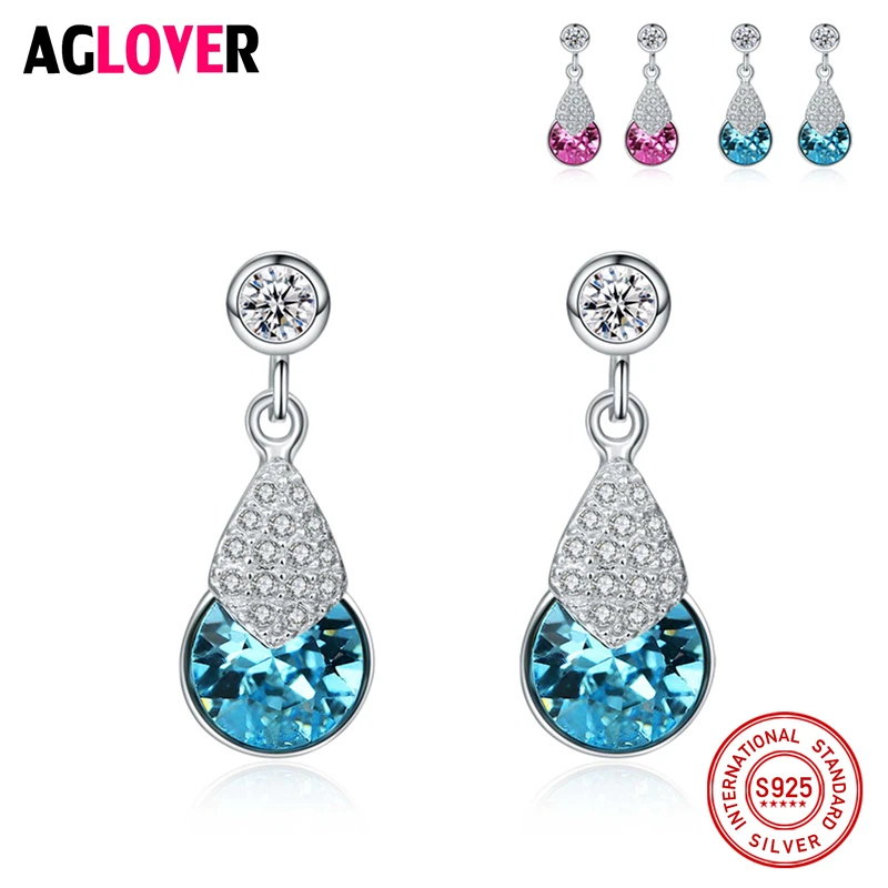 

AGLOVER Genuine Sterling Silver 925 Women Stud Earrings Water Drop Female Jewelry For Engagement Wedding Party