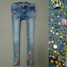 Осенняя тяжелая работа модные алмазные джинсы женские цветные алмазные заклепки Эластичные Обтягивающие джинсы-карандаш