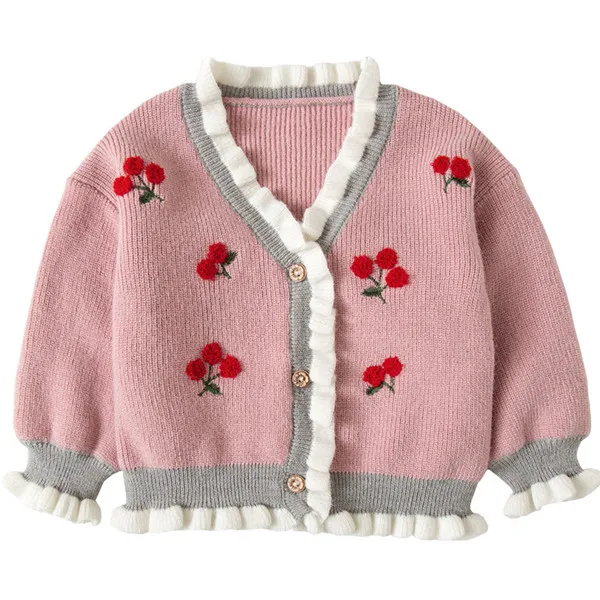 Детский кардиган для девочек; детский вязаный кардиган; свитера; Осенняя верхняя одежда с вышивкой клубники; свитер; одежда для малышей; 3 цвета; От 0 до 4 лет - Цвет: Розовый